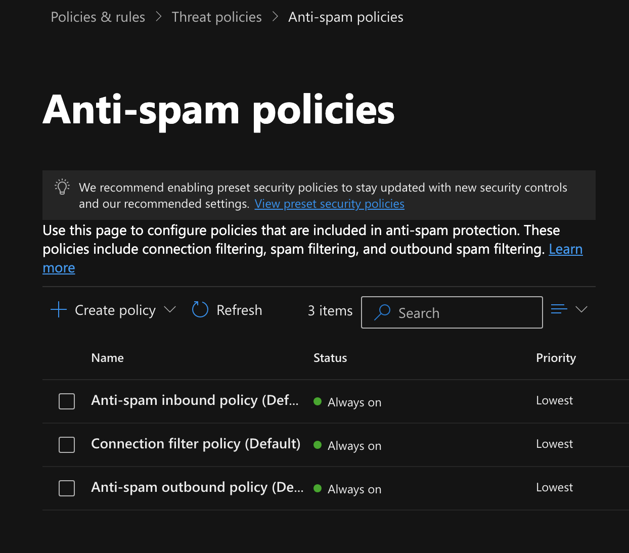 Microsoft Anti-Spam Protection & Security Policy